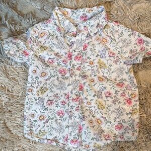 Janie and Jack White Short-Sleeve Button-Up with Pink & Yellow Floral